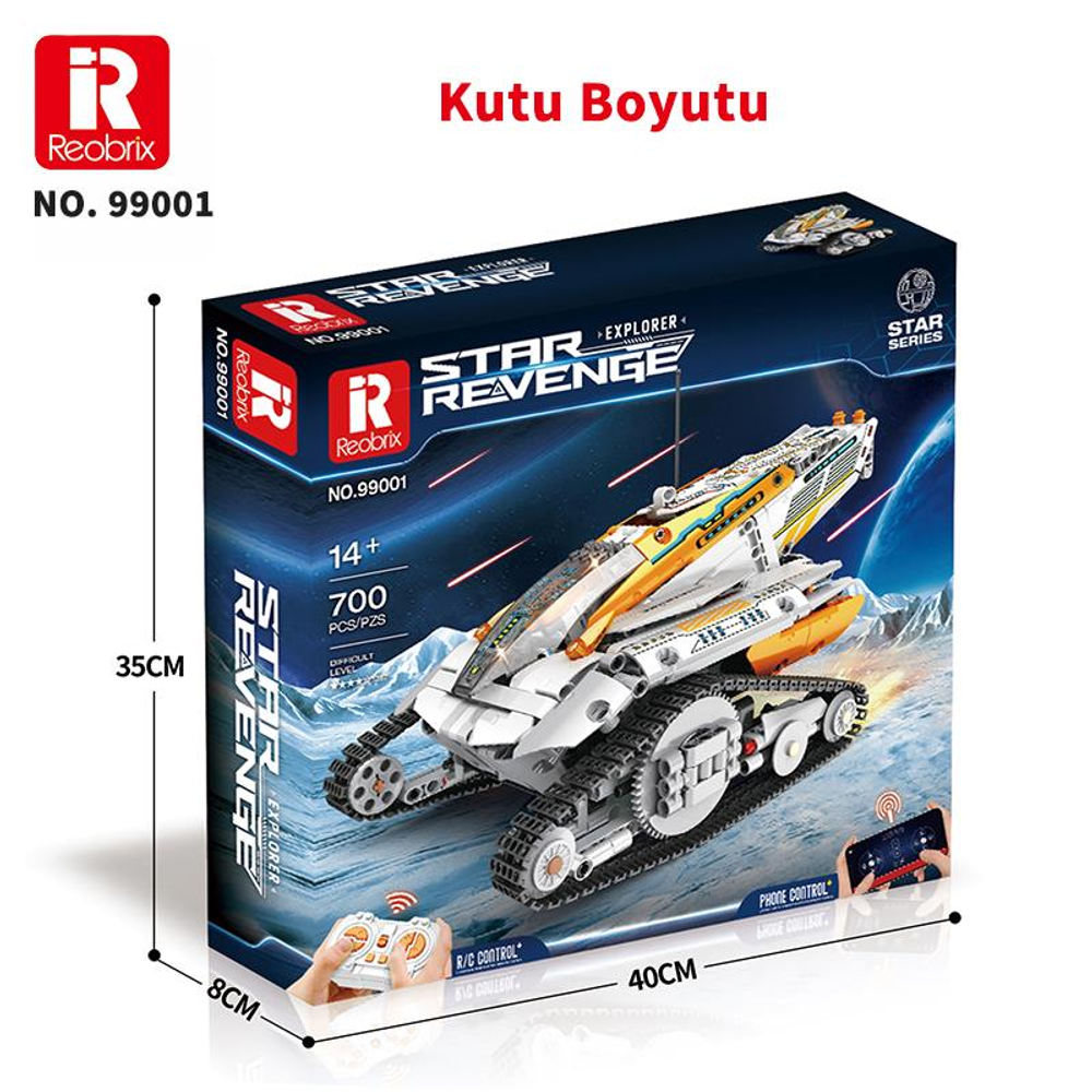 Tekerlekli beyaz ve sarı yıldız yok edici yapım kiti kutusu.