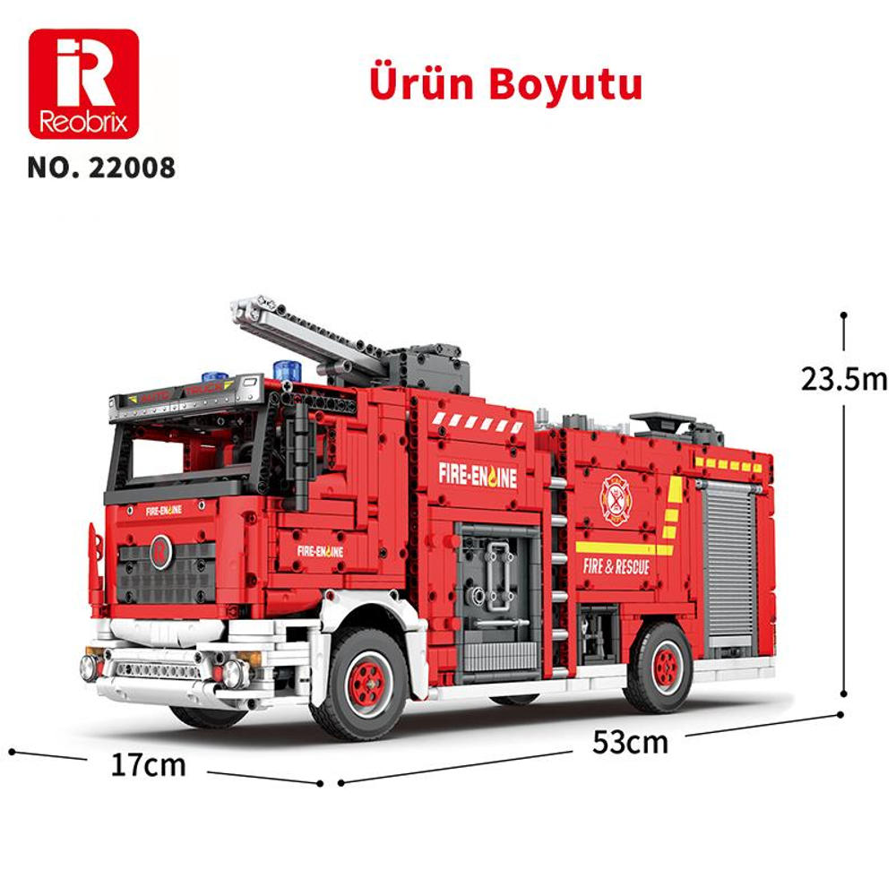 Kırmızı itfaiye aracı modeli, 53cm uzunluk, 17cm genişlik, 23.5cm yükseklik. Reobrix No. 22008.
