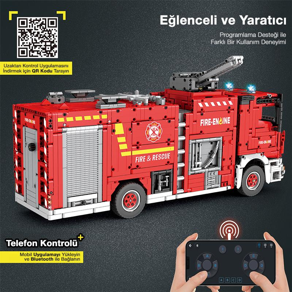 QR kodlu ve kumandalı kırmızı oyuncak itfaiye aracı.
