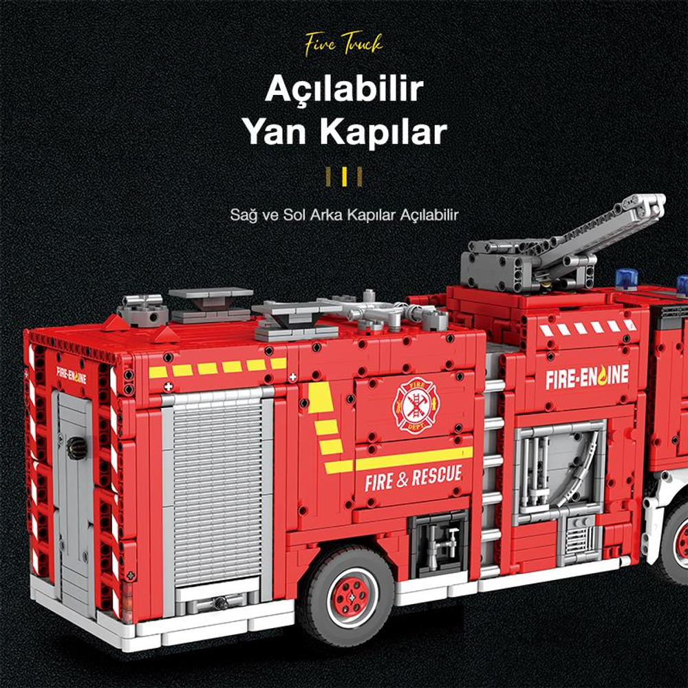 Üzerinde "FIRE & RESCUE" yazan kırmızı, blok tarzı itfaiye aracı.