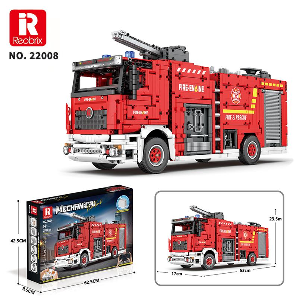 Kutu ve boyutlarıyla kırmızı Reobrix itfaiye aracı modeli NO. 22008.