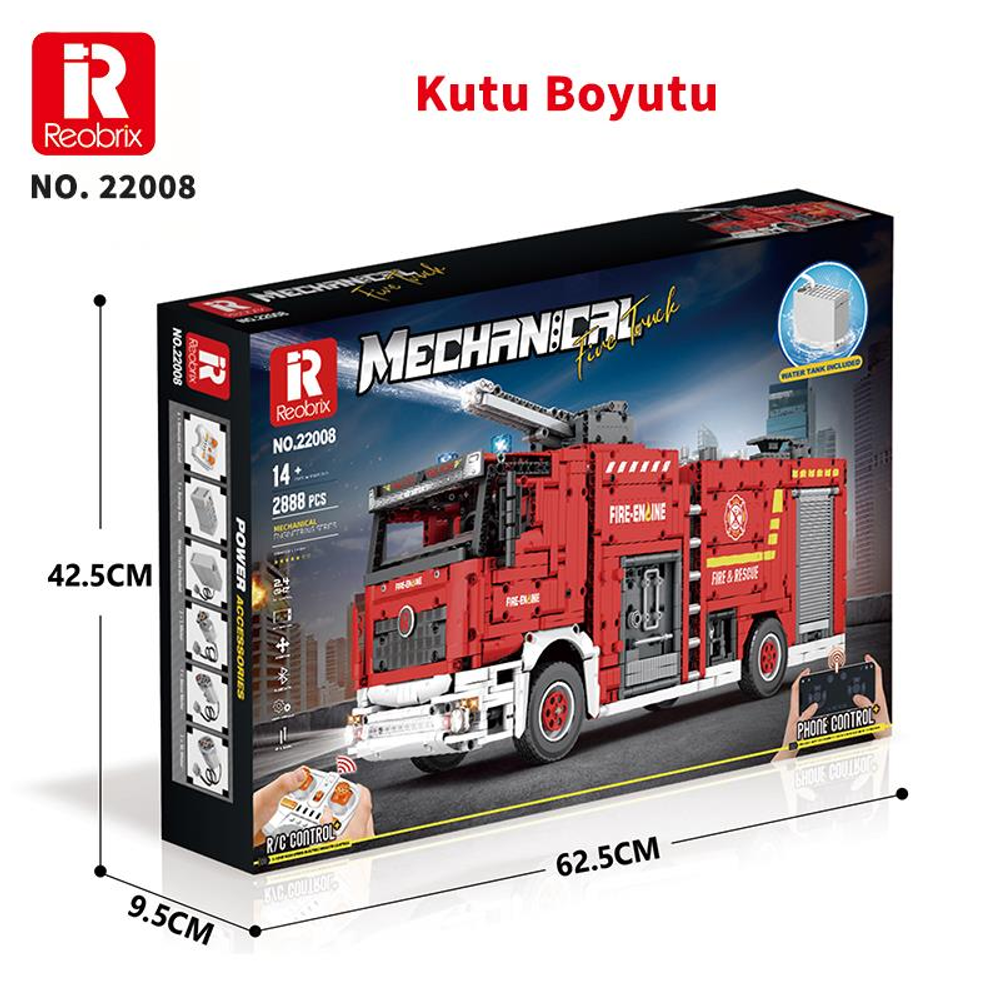 Boyutları gösteren bir kutudaki yapım kiti itfaiye kamyonu modeli.