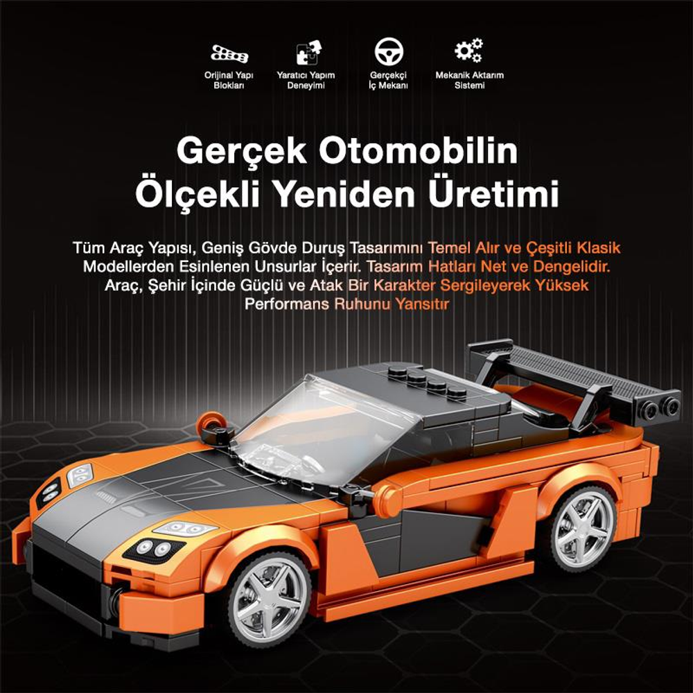 Spoilerli ve detaylı tekerlekli turuncu-siyah Lego spor araba modeli.