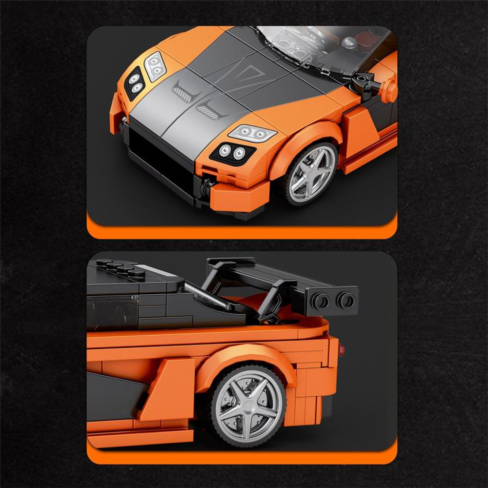 Turuncu Lego spor araba modeli gümüş jantlar ve siyah spoiler ile.
