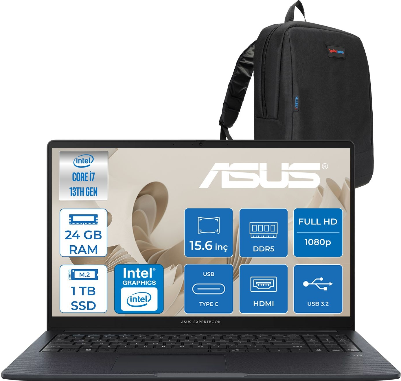 Intel Core i7, 24 GB RAM, 1 TB SSD'li siyah dizüstü bilgisayar ve sırt çantası.