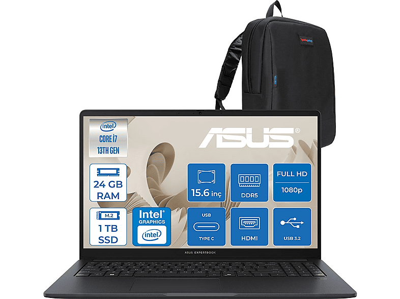 ASUS ExpertBook B1 B1503CVA-S75438 FHD S75438F08 Intel Core i7-13620H 24 GB RAM 1 TB SSD 15,6 inç FreeDOS Laptop+Çanta Siyah