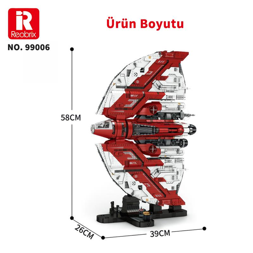 Kırmızı ve beyaz uzay gemisi modeli boyutları: 58cm yükseklik, 26cm genişlik, 39cm derinlik.