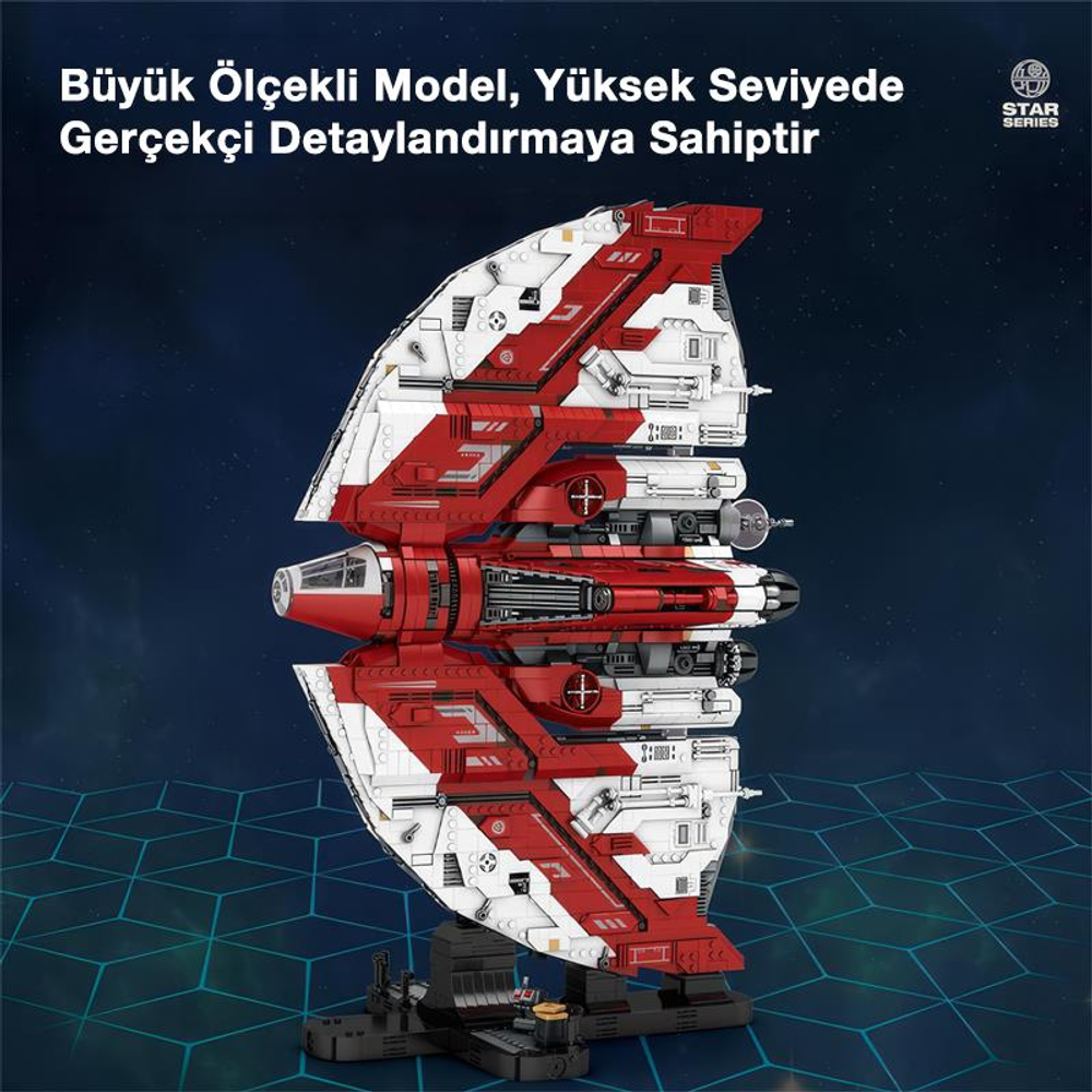Koyu arka plana karşı, bir stant üzerinde detaylı kırmızı ve beyaz model uzay gemisi.