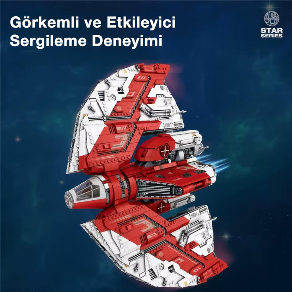 Kırmızı ve beyaz bir uzay gemisi mavi motor alevleriyle uzayda uçuyor.
