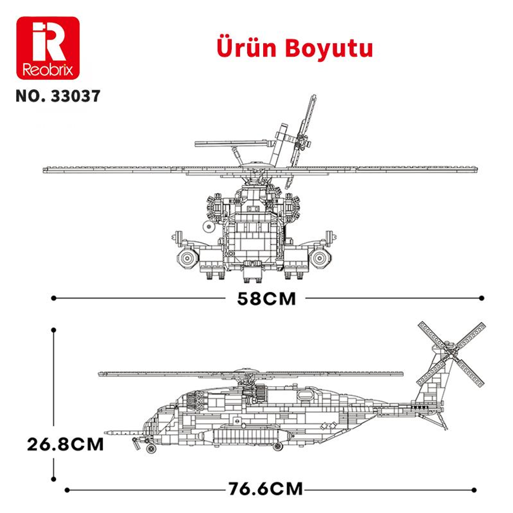 Helikopterin boyutları olan teknik çizimi. 58cm genişlik, 26.8cm yükseklik, 76.6cm uzunluk.