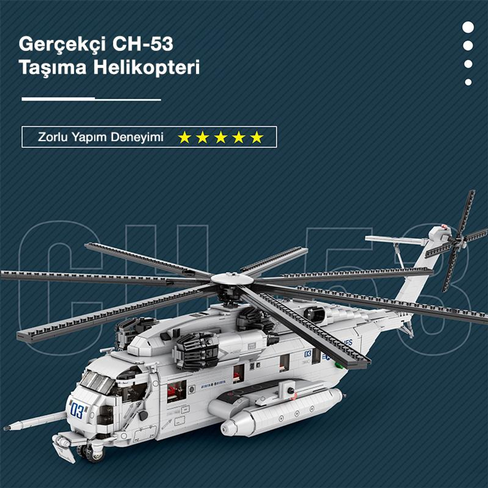 Rotor kanatlı detaylı beyaz bir CH-53 nakliye helikopteri modeli.