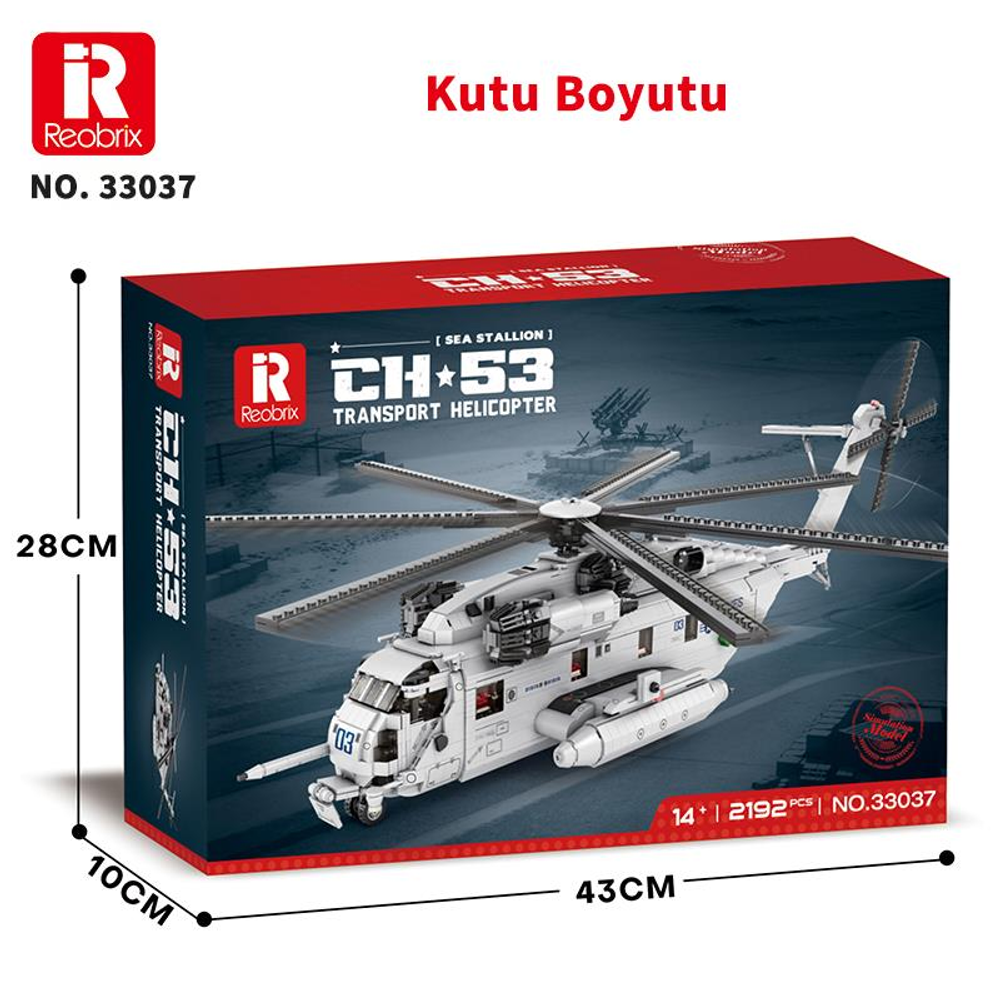 Beyaz Reobrix CH-53 nakliye helikopteri modeli kutusu. Boyutlar gösteriliyor.