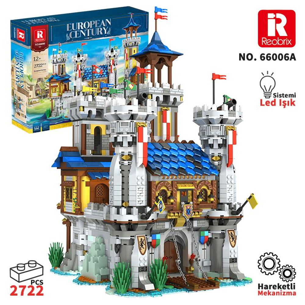 Kuleler, bayraklar veבד köprüsü içeren detaylı bir Lego kale seti.