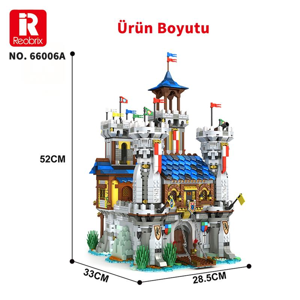 Kuleler, bayraklar veבדbridge içeren ayrıntılı bir Lego kale modeli.