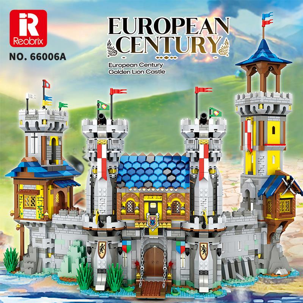 Kuleler, bayraklar ve mavi çatılarla detaylı bir Lego kalesi.
