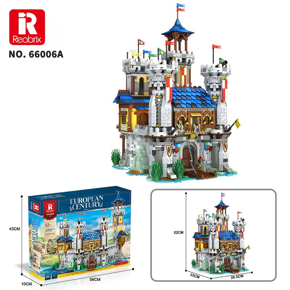 Kuleler, bayraklar ve asma köprü içeren detaylı bir Lego kalesi.