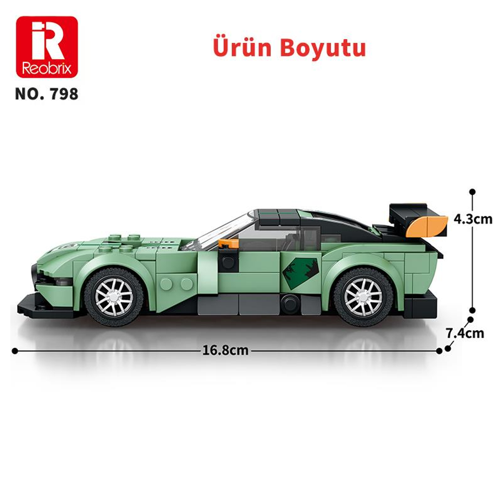 Boyutları gösterilen yeşil, tuğladan yapılmış yarış arabası modeli.