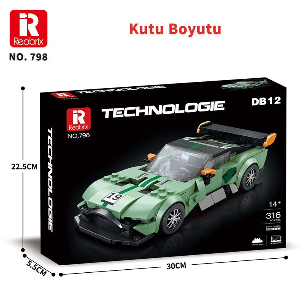 Yeşil yarış arabası yapım kiti kutusu boyutlarıyla.