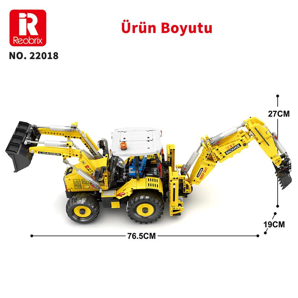 Sarı ekskavatör-yükleyici boyutları: 76,5cm uzunluk, 27cm yükseklik, 19cm genişlik.