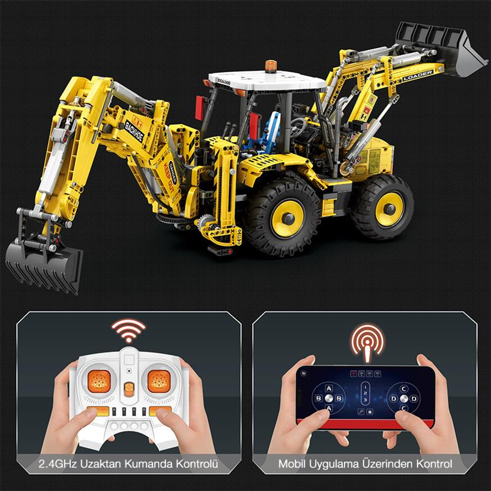 Sarı inşaat oyuncak aracı uzaktan kumanda ve telefon kontrol seçenekleriyle gösterilmiştir.