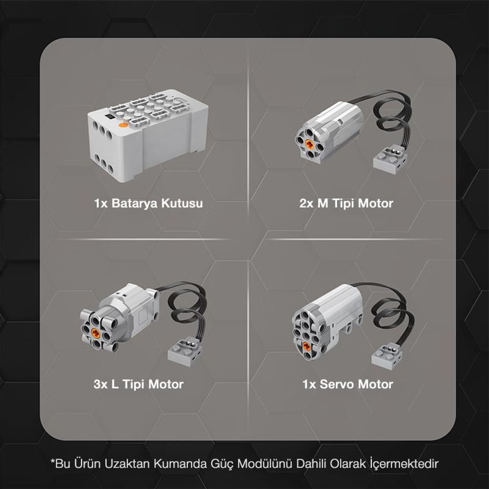 Dört LEGO Mindstorms parçası: pil kutusu, 2x M motor, 3x L motor, servo motor.