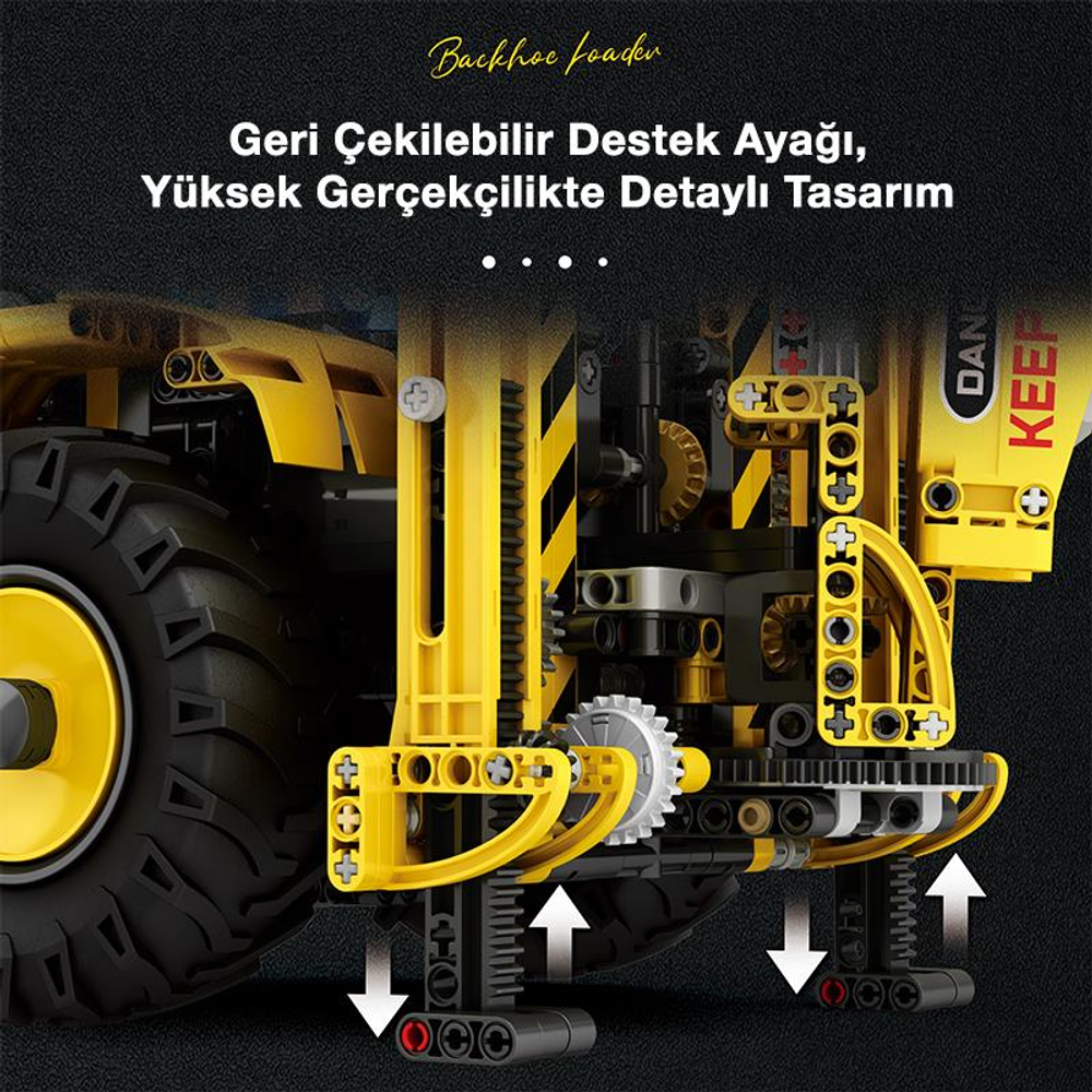 Geri çekilebilir destekleri ve dişlileri gösteren sarı oyuncak ekskavatör detayı.