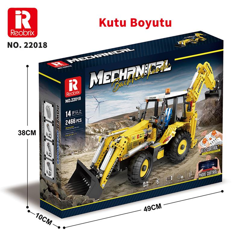 Ekskavatör yükleyici modeline sahip sarı yapı taşı seti kutusu.