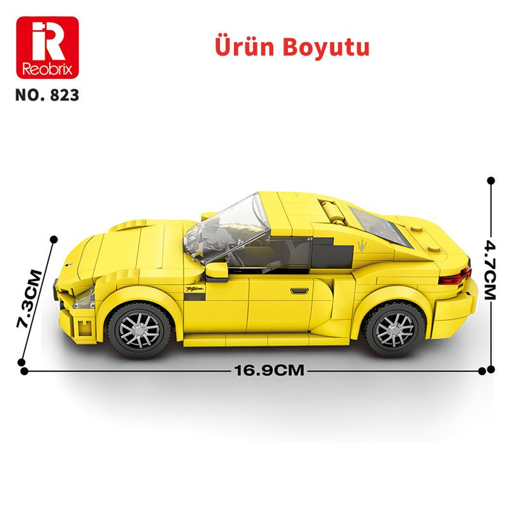 16,9x7,3x4,7cm boyutlarında sarı oyuncak araba.