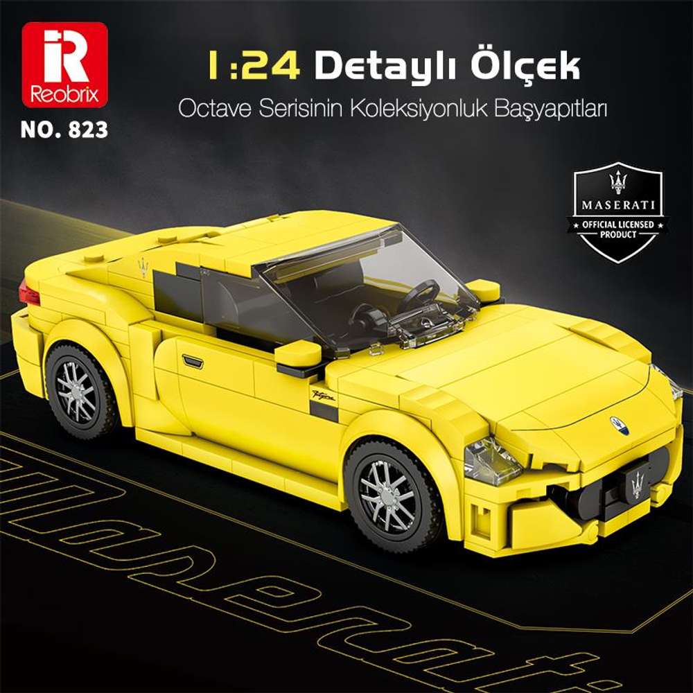 1:24 ölçekli sarı Lego Maserati spor araba modeli.