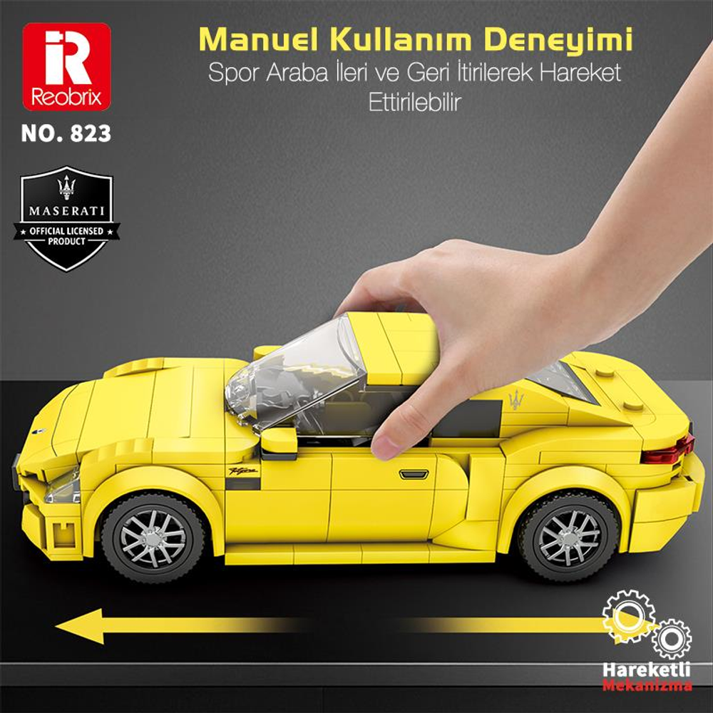 Bir el sarı bir Lego spor araba modelini itiyor. Maserati logosu var.