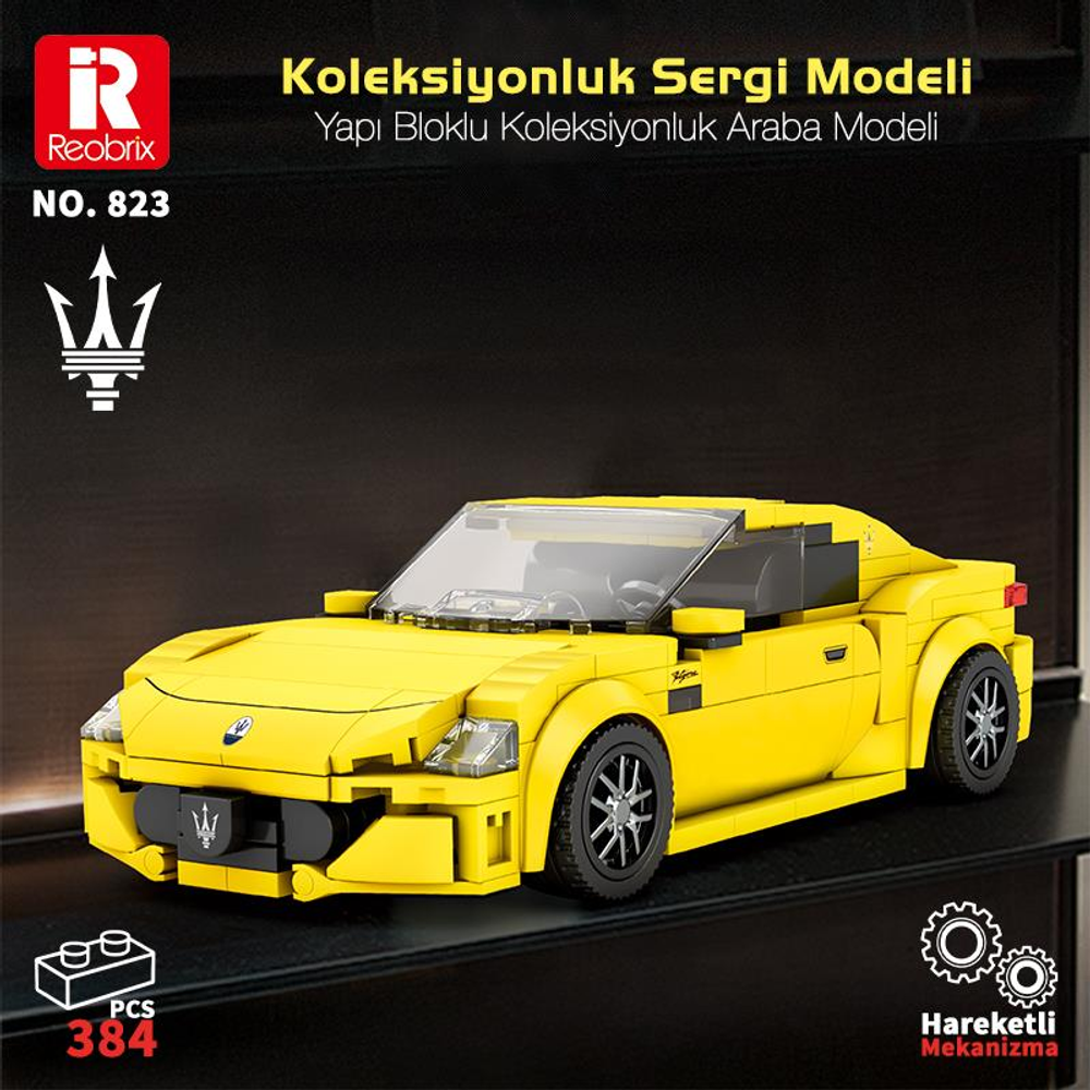 Detaylı tekerlek ve ön cama sahip sarı bir yapboz spor araba modeli.