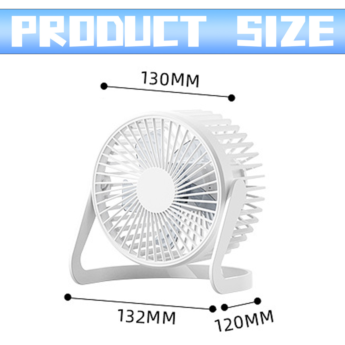 Weißer Tischventilator mit Größenangaben: 130mm, 132mm, 120mm.