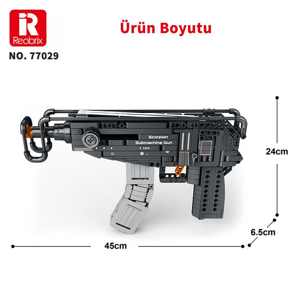 Boyutları belirtilmiş gri Scorpion makineli tüfek modeli.