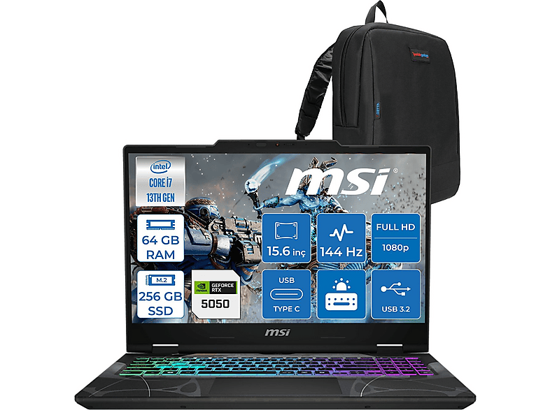MSI Cyborg 15 RTX5050 8 GB 144 Hz IPS B13WEKG613XTRF26 Intel Core i7-13620H 64 GB RAM 256 GB SSD 15,6 inç FreeDOS Laptop+Çanta Siyah
