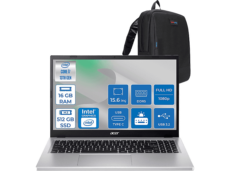 ACER Aspire Go 15 FHD NXJ6SEY001F02 Intel Core i7-13620H 16 GB RAM 512 GB SSD 15,6 inç FreeDOS Laptop+Çanta Gri