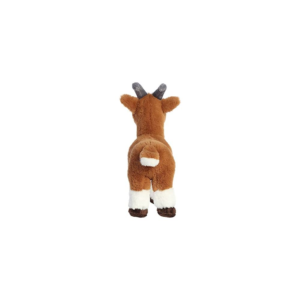 Un bébé chèvre en peluche marron, pattes blanches, vu de dos.