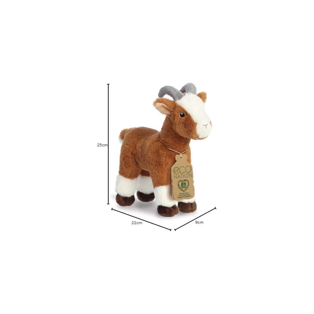Ch@@vre en peluche marron @@vec visage et pattes blancs, cornes grises, @@tiquette Eco Nation.