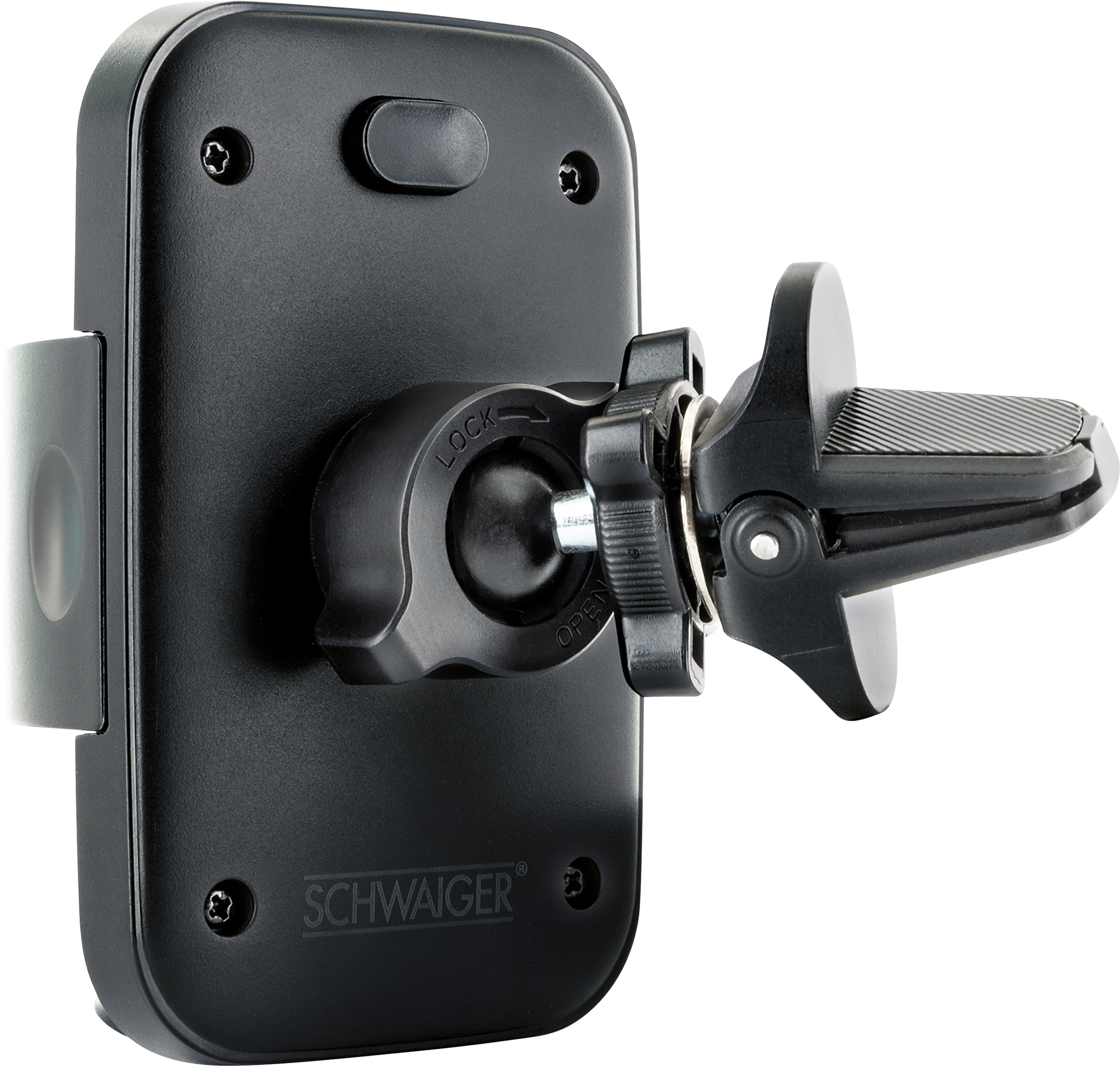 Schwarzer Handyhalter für Lüftungsschlitze mit Verriegelungsmechanismus.