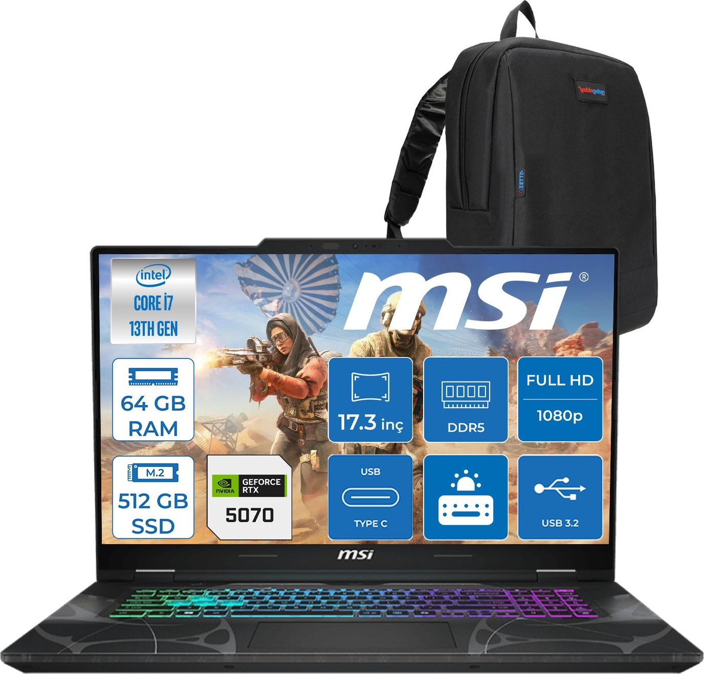 Intel Core i7, 64 GB RAM, 512 GB SSD ve sırt çantasına sahip MSI oyuncu dizüstü bilgisayarı.