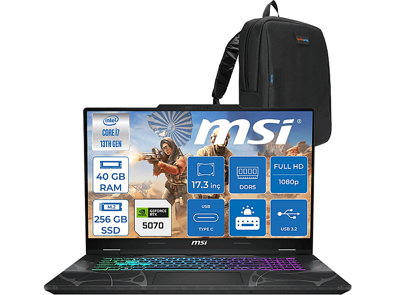 MSI Cyborg 17 RTX5070 8 GB 144 Hz IPS B13WGKG251XTRF16 Intel Core i7-13620H 40 GB RAM 256 GB SSD 17,3 inç FreeDOS Laptop+Çanta Siyah