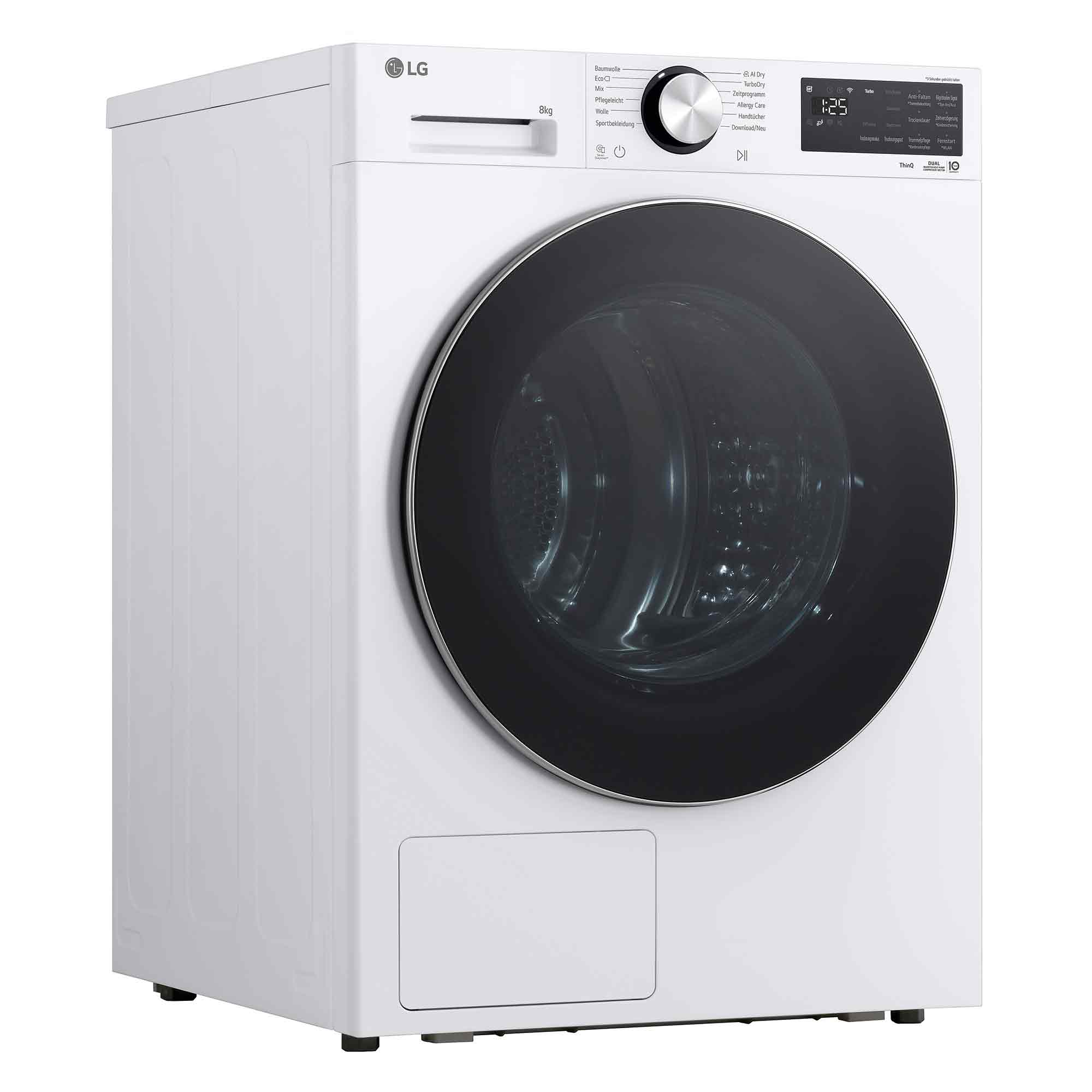 Weiße LG Waschmaschine mit schwarzer Tür und Bedienfeld.