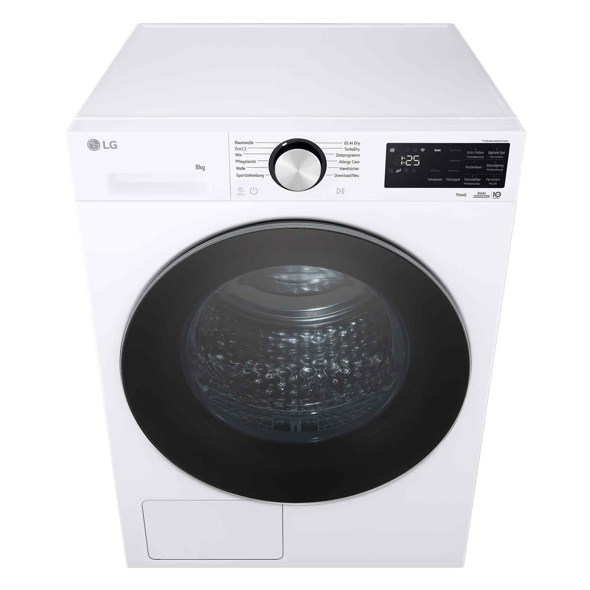 Eine weiße LG Waschmaschine mit 8kg Fassungsvermögen und schwarzer Tür.