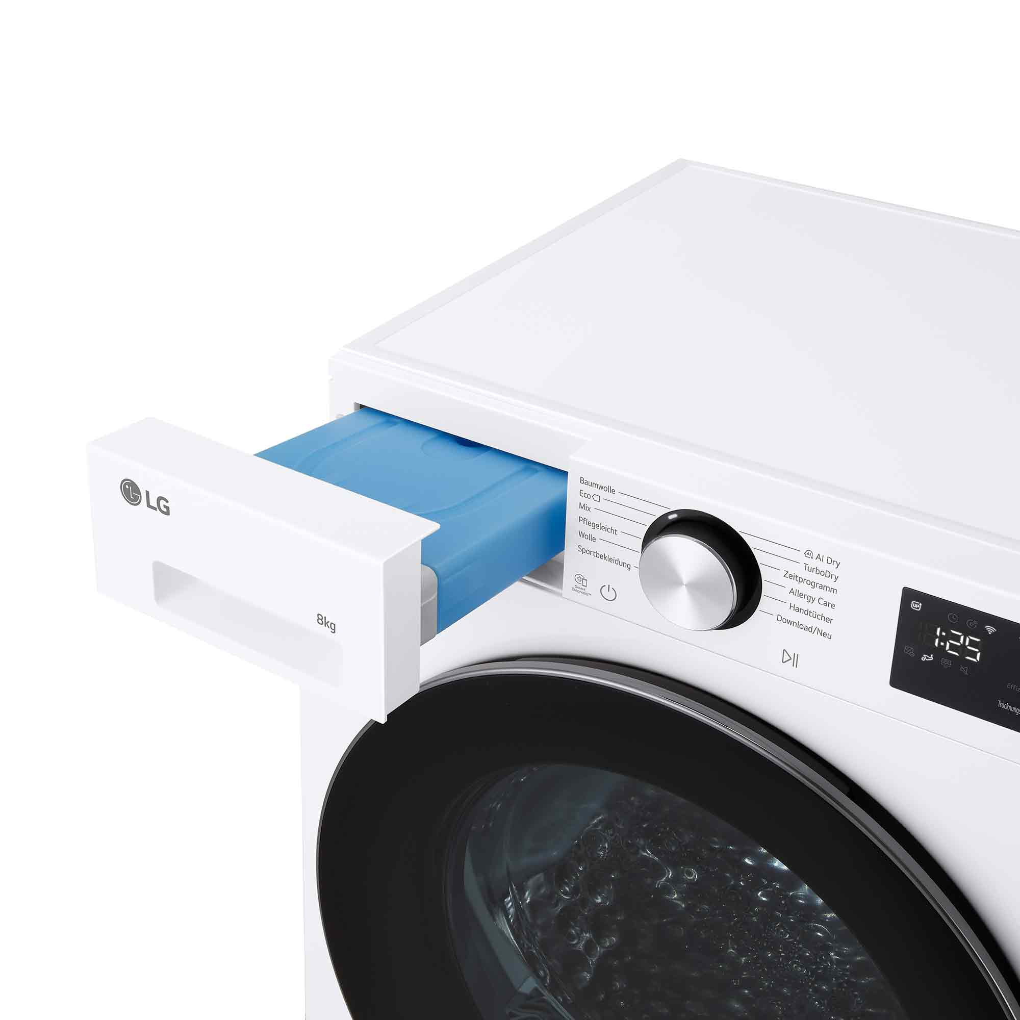 Weiße LG Waschmaschine mit ausziehbarem Fach und Display.