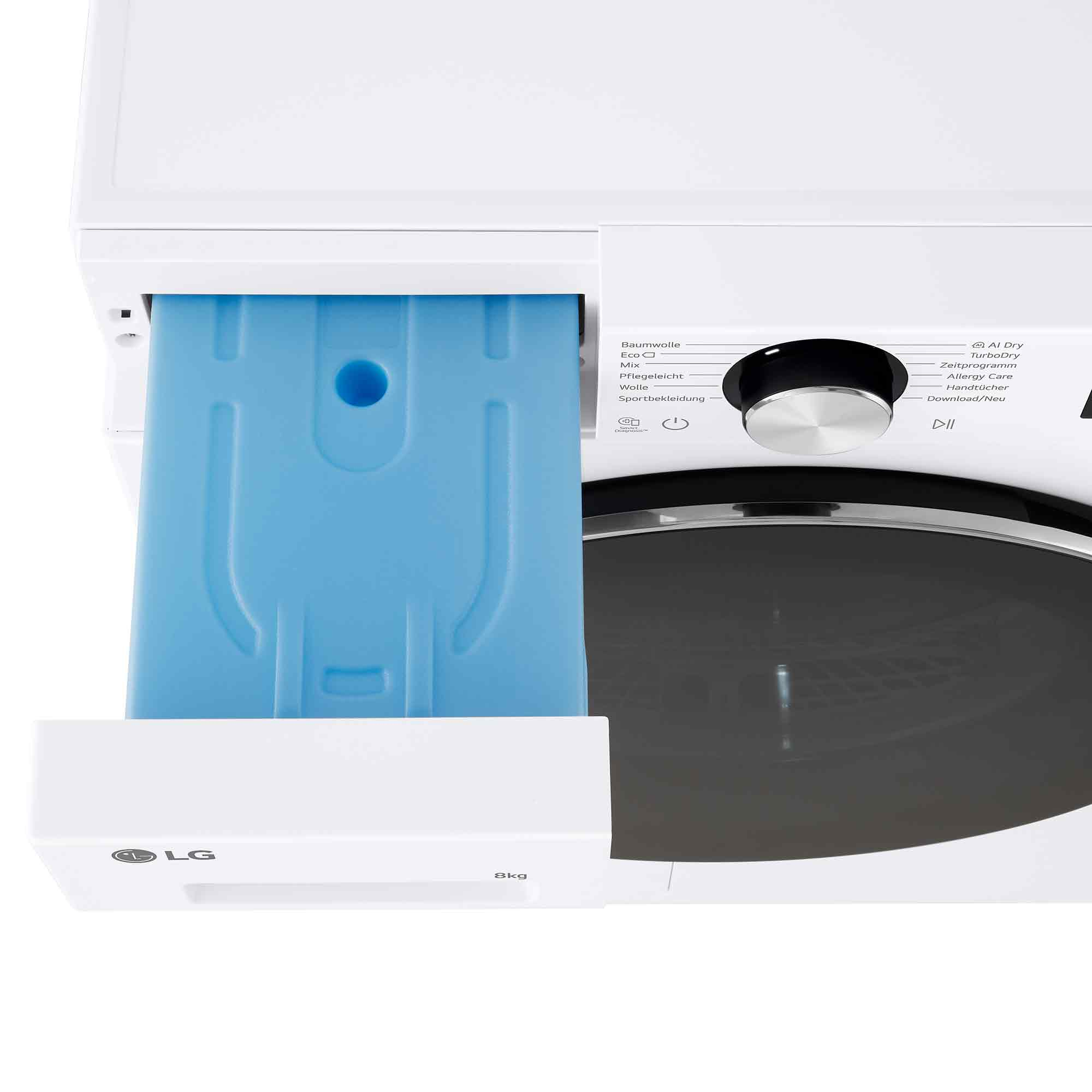 Weiße LG Waschmaschine mit geöffnetem Fach für Waschmittel und Bedienfeld.