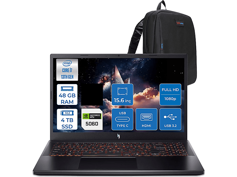 ACER Nitro V 15 ANV15-52 RTX5060 8 GB 75W NHQZ8EY002F30 Intel Core i7-13620H 48 GB RAM 4 TB SSD 15,6 inç FreeDOS Laptop+Çanta Siyah