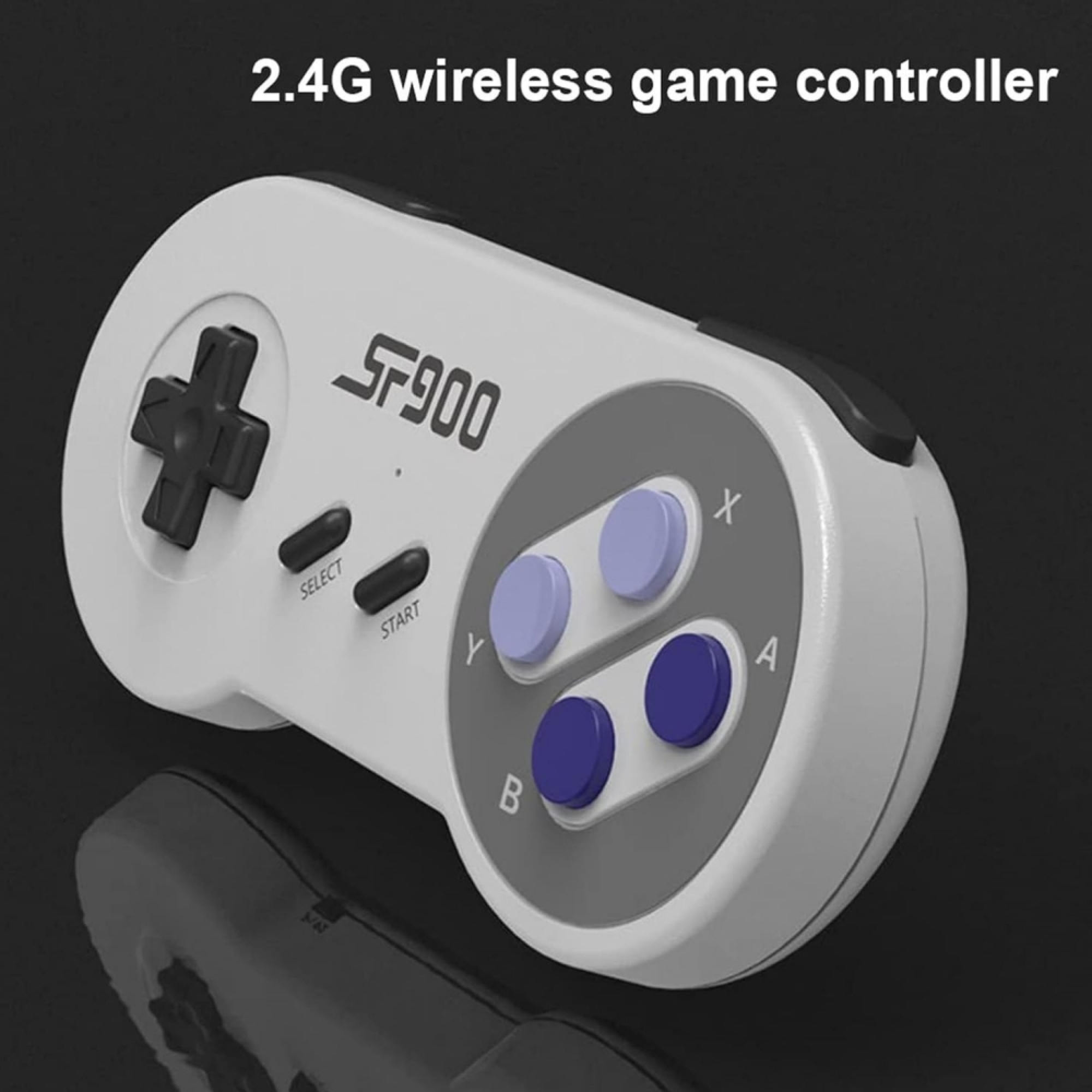 Ein weißer 2,4G-Controller mit schwarzen und violetten Knöpfen und einem schwarzen Steuerkreuz.