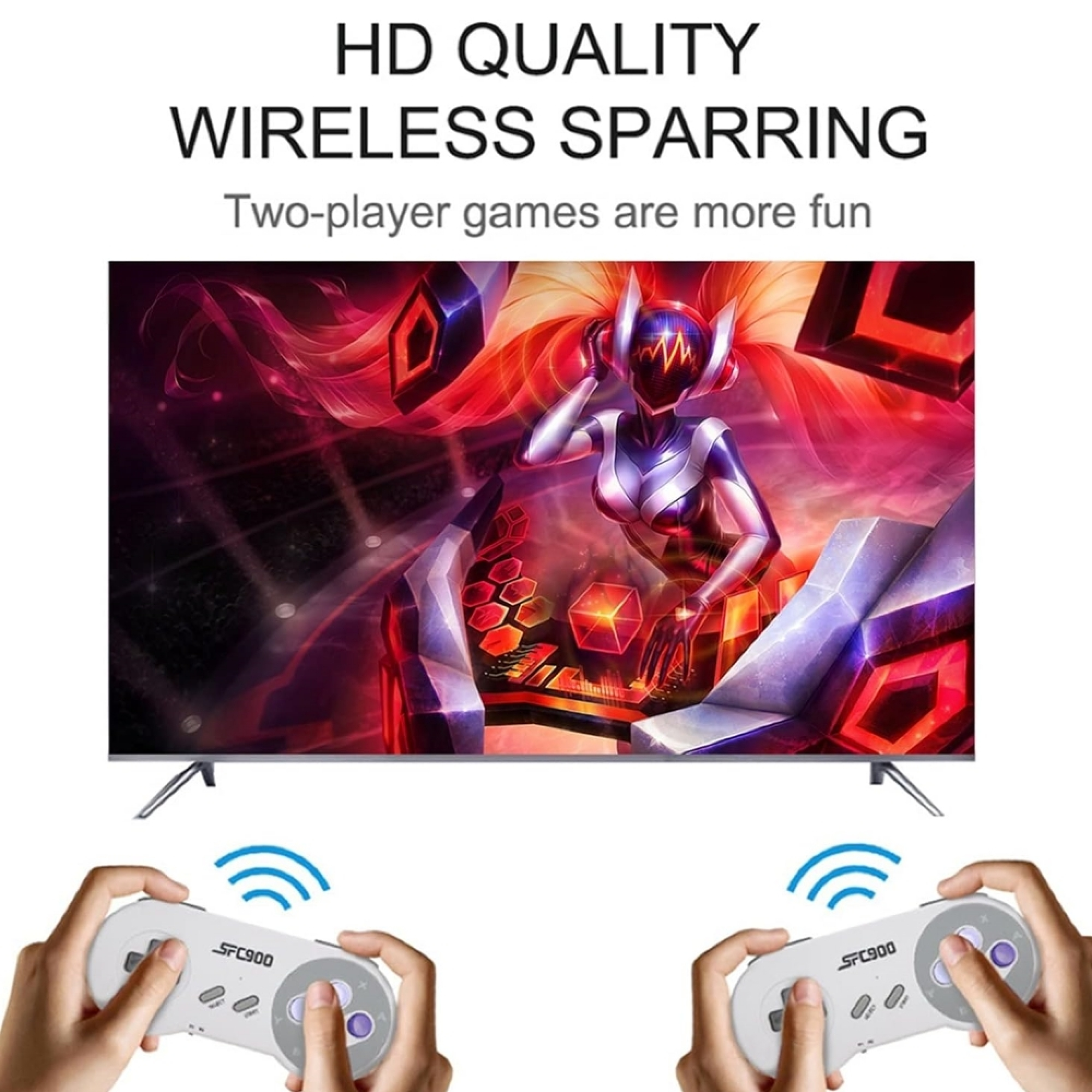 Zwei Hände halten weiße Controller vor einem Fernseher mit einem Spiel.