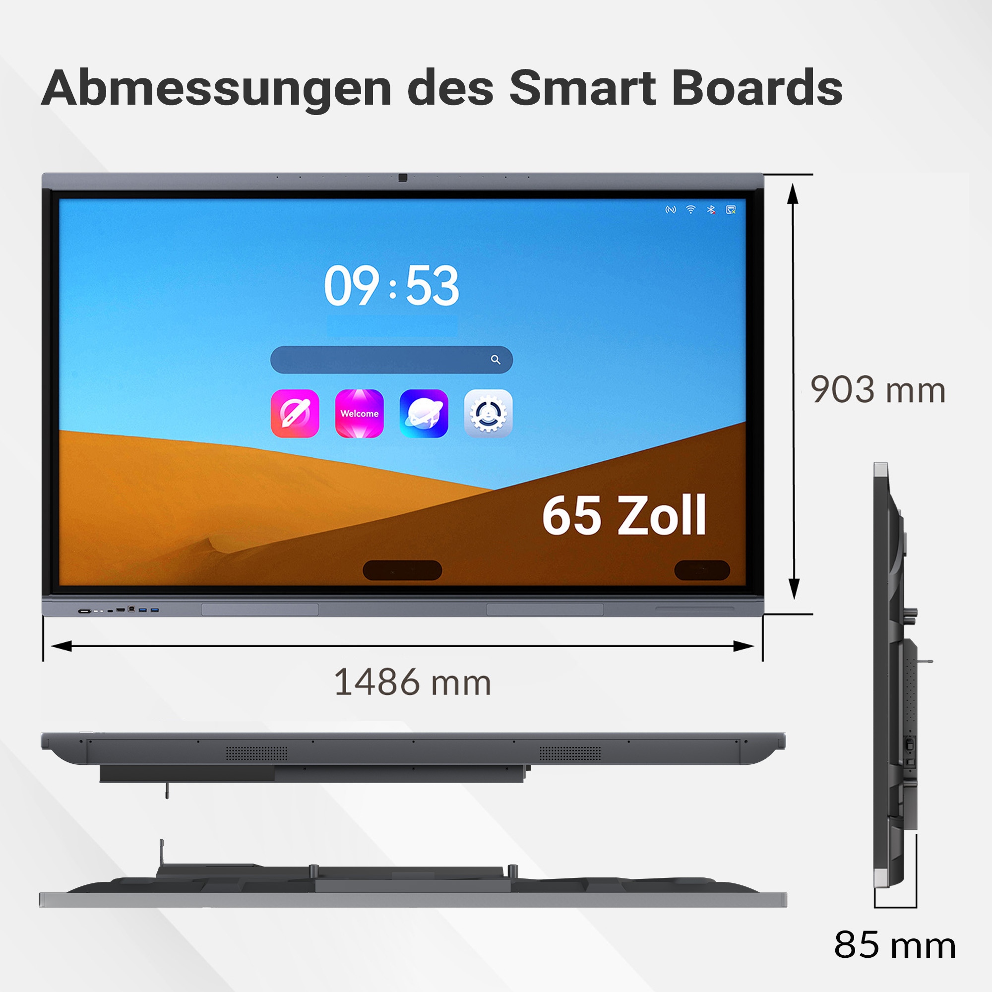 Abmessungen eines 65-Zoll-Smartboards: 1486 mm Breite, 903 mm Höhe, 85 mm Tiefe.