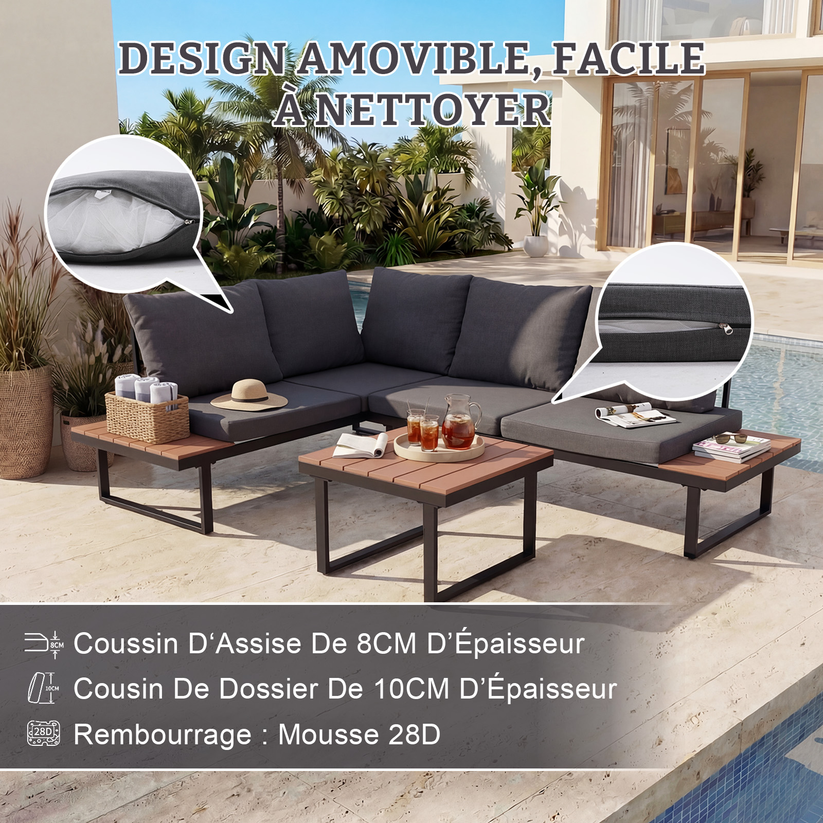 Dark grey outdoor sofa set with brown wood accents by a pool.