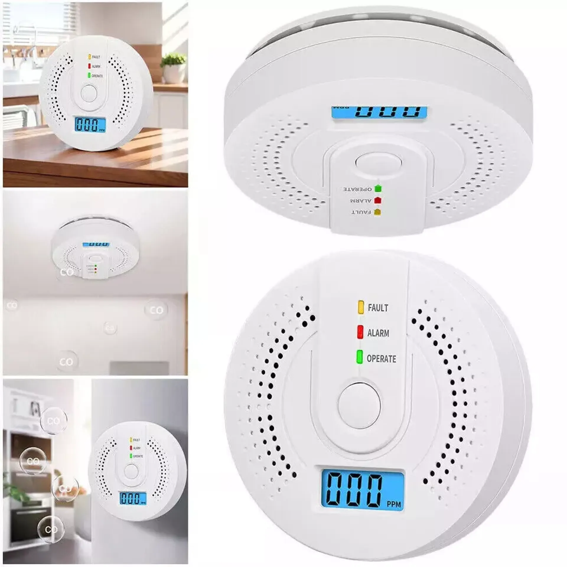Ein weißer CO-Melder mit digitaler Anzeige und LED-Anzeigen für Fehler, Alarm und Betrieb.